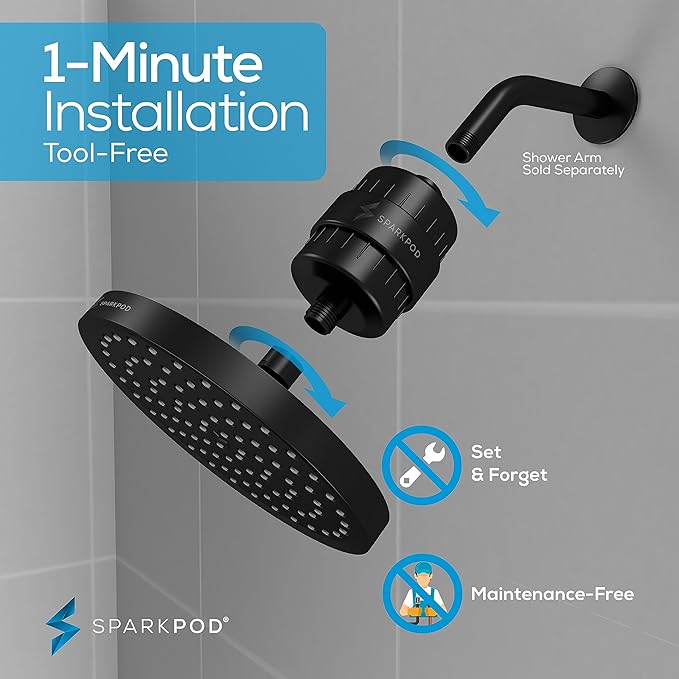 SparkPod Luxury Filtered Shower Head Set 23 Stage Shower Filter - Reduces Chlorine and Heavy Metals - High Pressure Showerhead Filter (8" Round, Midnight Black Matte)
