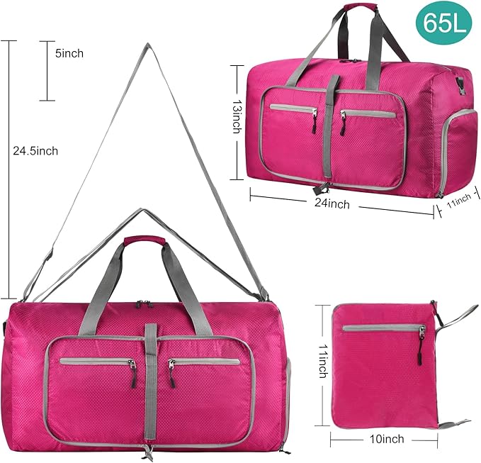 Dimayar Travel Duffle Bag for Men Women - Foldable Duffel Bag with Shoes Compartment - Overnight Bags Waterproof & Tear Resistant(65L,Fuchsine)