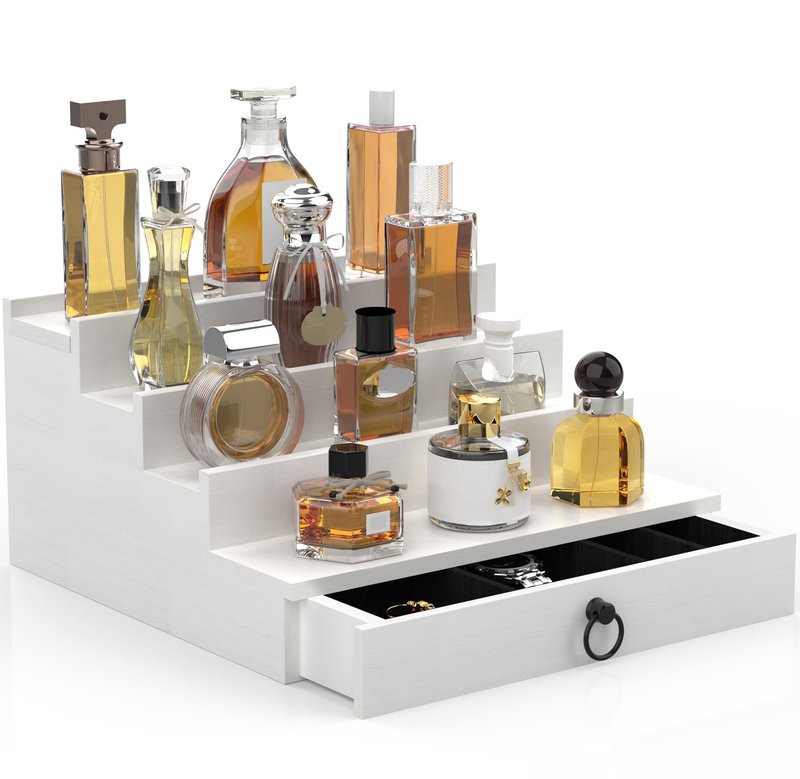 upcessory Cologne Organizer for Men, 4 Tier White Wood Perfume Organizer with Felt Lining Drawer and Hidden Compartment, Perfume Display Holder, A Gift for Men
