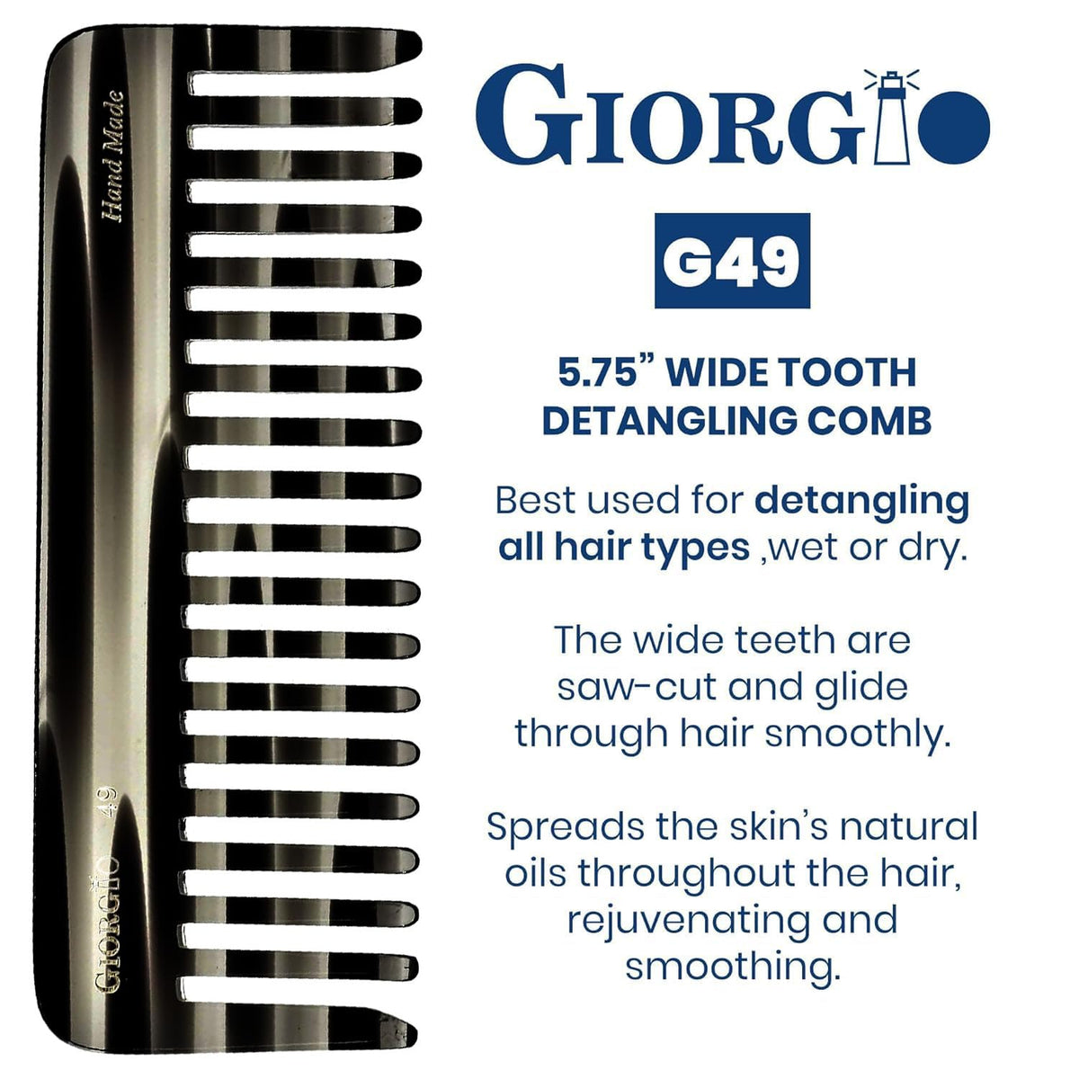 Giorgio G49 Graphite Large 5.75 Inch Hair Detangling Comb, Wide Teeth for Thick Curly Wavy Hair. Long Hairs Detangler Comb For Wet and Dry. Handmade of Quality Cellulose, Saw-Cut, Hand Polished