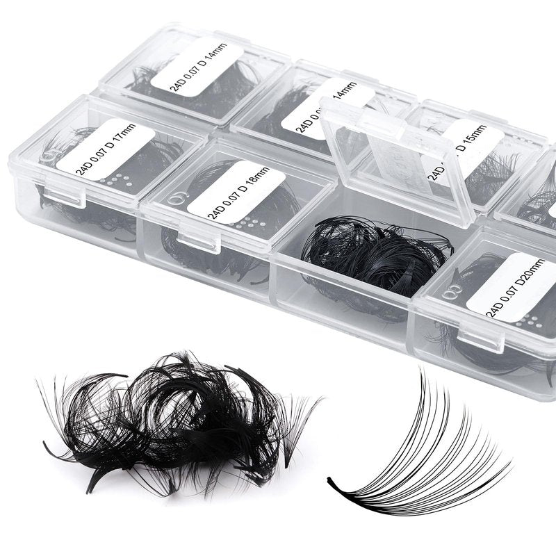 FADLASH Volume Lash Extensions 600pcs 24D Premade Fans Eyelash Extensions D Curl Pointy Base Pre Made Fans Lash Extension Mixed Tray Eyelash Extension Premade Fans (24D-0.07D-14-20mm), Black