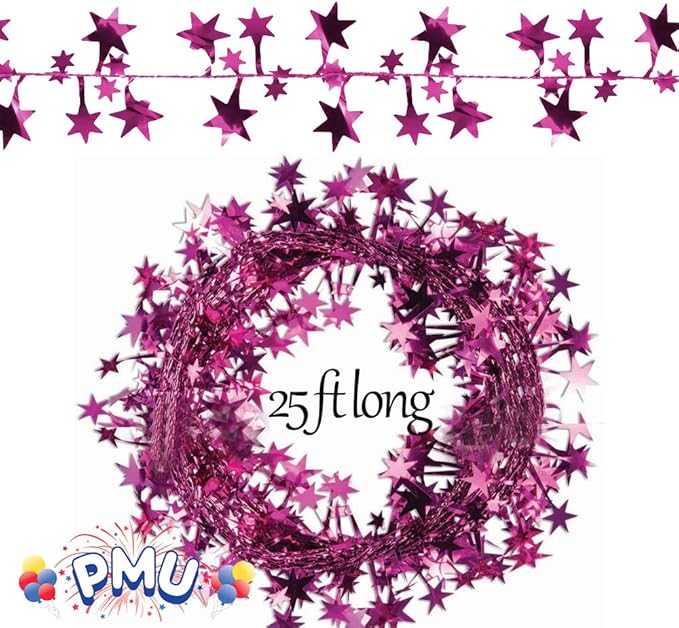PMU 150 Ft Star Wire Shiny Garland Hot Pink - Halloween, Christmas Party, Wedding, Birthday, Festive Home Decoration Ornament Hot Pink (6pc-25Ft Each)