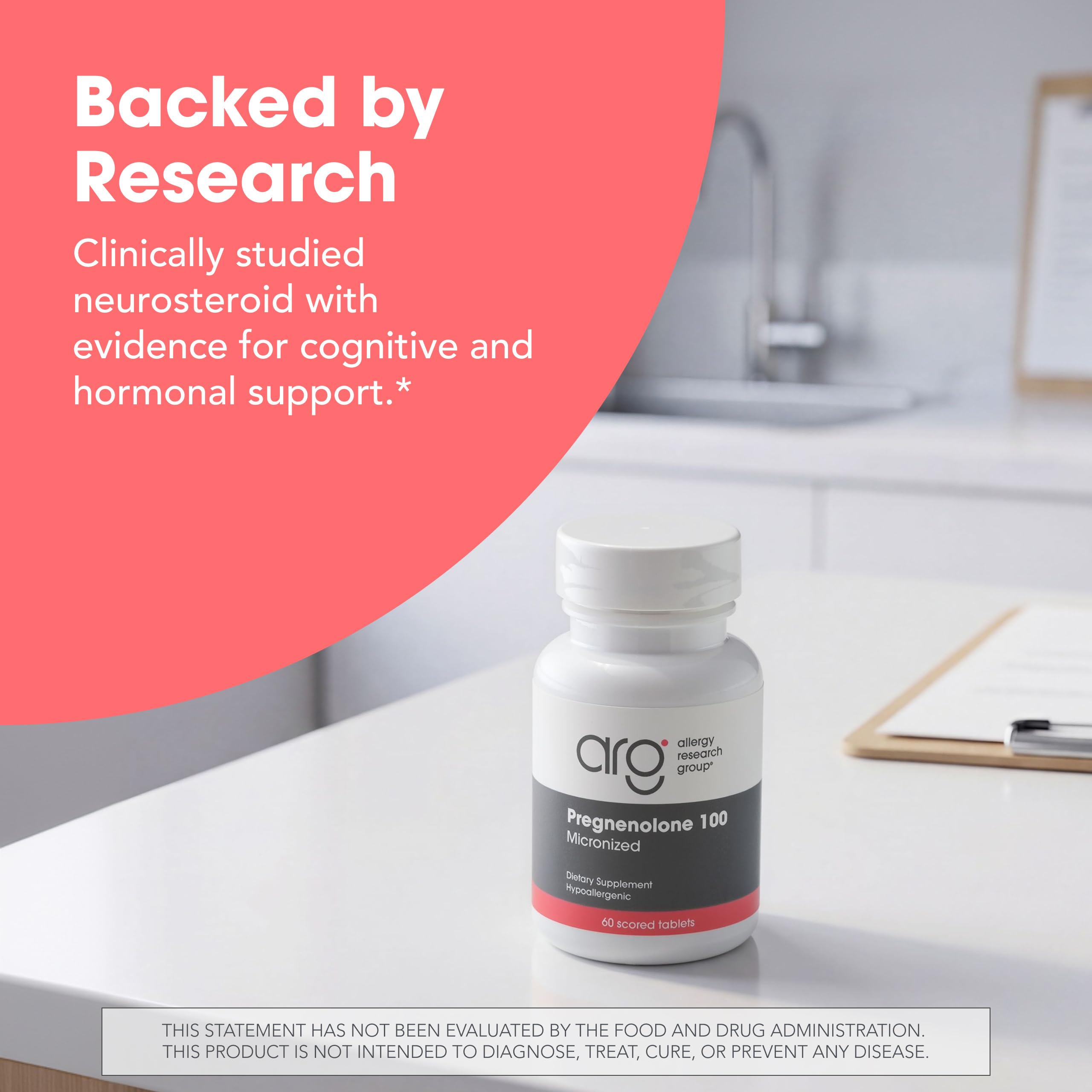 Allergy Research Group ARG Pregnenolone 100 mg - Micronized Hormone Precursor Support - Highly Bioavailable - Hypoallergenic - 60 Servings - 60 Scored Tablets