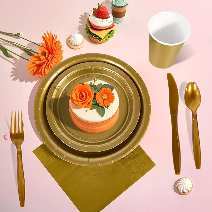 Ottin 169PCS Gold Christmas Party Supplies for 24 Guests – Disposable Paper Plates, Napkins, Cups, Forks, Knives, Spoons & Tablecloth for Birthday, Wedding, Thanksgiving, Christmas, New Year
