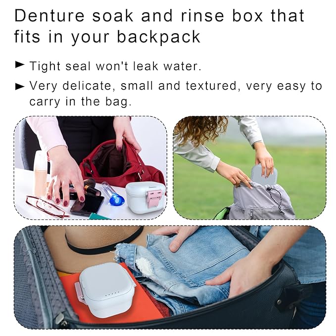 BVN Leakproof Denture Cup, Upgraded Carrying Storage, Denture Bath Box with Filter, Denture Cup for Soaking Dentures, Travel Retainer Cleaning Case (White+Pink).