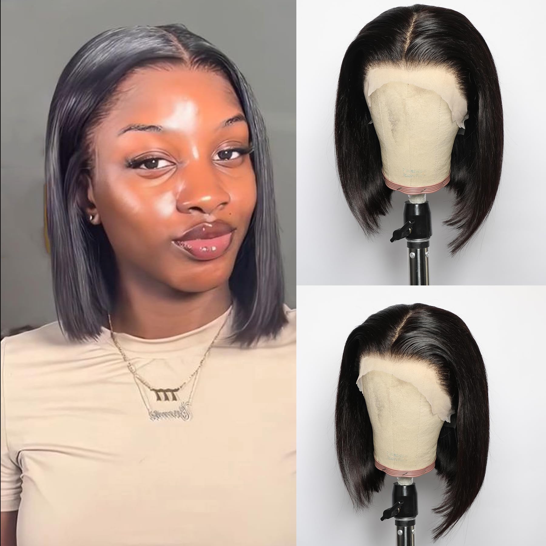 Bob Wig Human Hair 13x4 Straight Lace Front Wigs Glueless Pre Plucked with Baby Hair 100% Brazilian Remy Hair Transparent Lace Frontal Wigs for Black Women - 180% Density Natural Color 8 Inch
