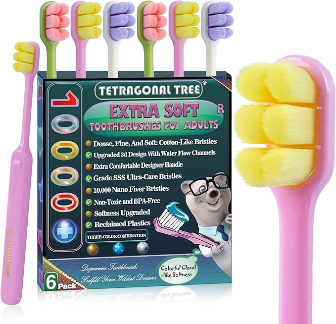 6 Count Ultra-Soft Toothbrush for Sensitive Gums – 10,000 Extra Gentle Bristles, Manual Toothbrush for Adults, Pregnancy, Braces, Elderly, Gum Care (Dopamine Colors, Individually Wrapped)