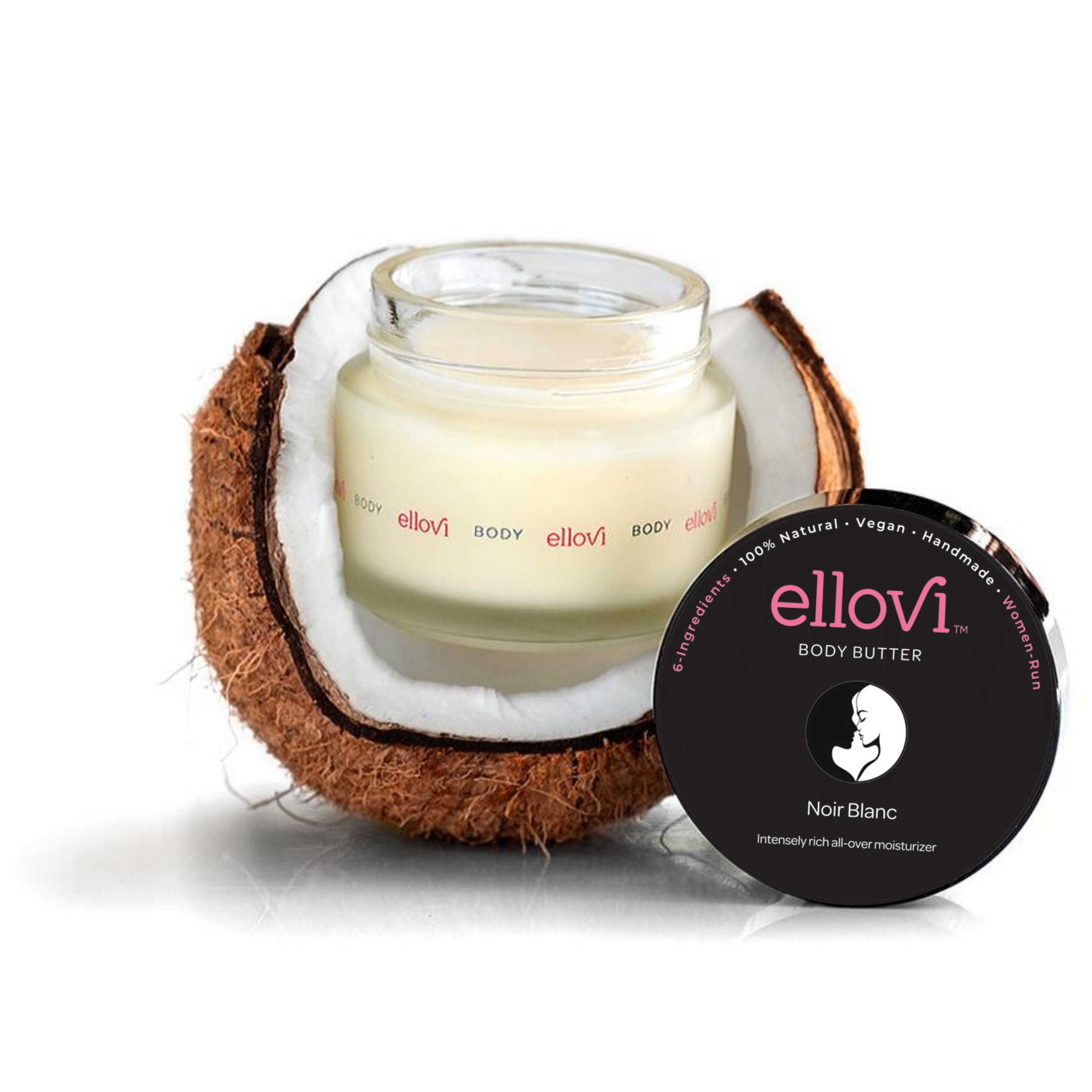 Ellovi All-Natural Unisex Body Butter - Noir Blanc - Pure Enough to Eat - Made With Just 6 Vegan Ingredients - 100% Plant-Based Hydrating Moisturizer For Naturally Healthy Skin (3.4 fl. oz/100ml)