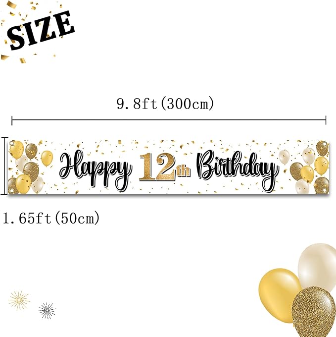 Happy 12th Birthday Decorations,12th Gold Balloon Large Birthday Hanging Banner Sign,Cheers to Twelve Years Old Bday Party Supplies.