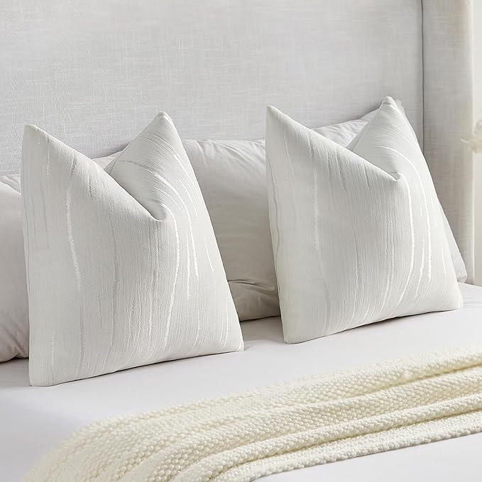FUTEI White Chenille Decorative Throw Pillow Covers 20x20 Inch Set of 2,Soft Embossed Striped Textured Cushion Case,Modern Home Decor for Couch Bed Living Room