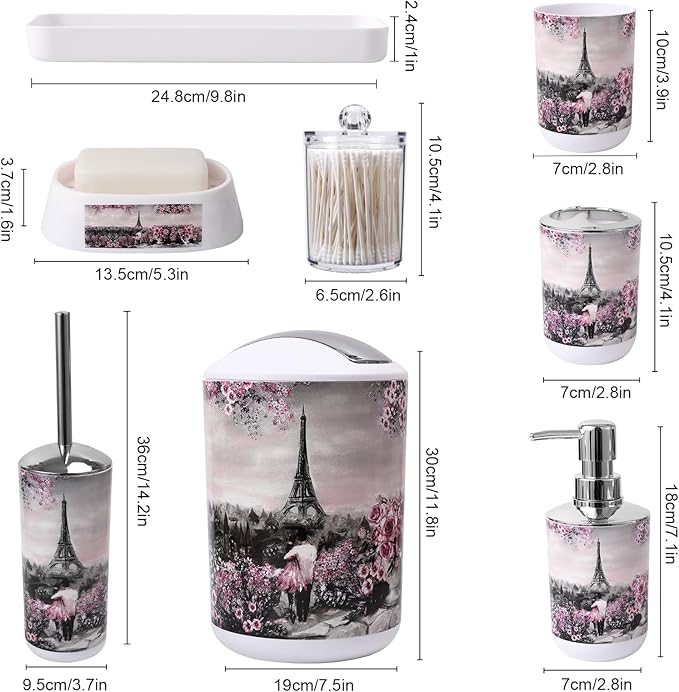 Bathroom Accessories Set Complete 9 Piece Bathroom Sets with Toothbrush Holder,Toothbrush Cup,Lotion Soap Dispenser,Soap Dish,Toilet Brush,Trash Can,Qtip Holder