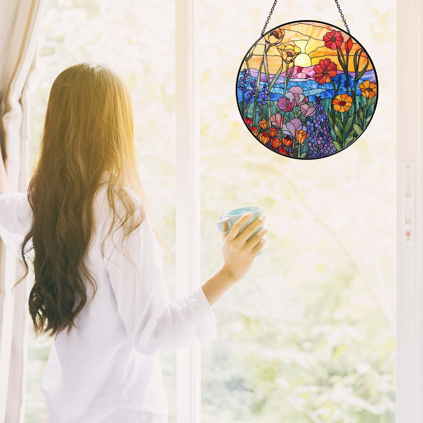 RVEAFA Wildflowers Stained Glass Suncatcher for Window, 7.8in Hanging Decor