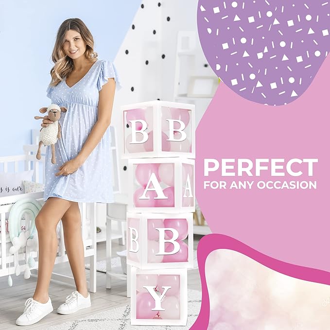 Baby Shower Boxes with Letters – White Boxes with Pink & White Balloons – 44-Piece Gender Reveal & Party Decoration Set by Vellax-Piece Gender Reveal & Party Decoration Set by Vellax