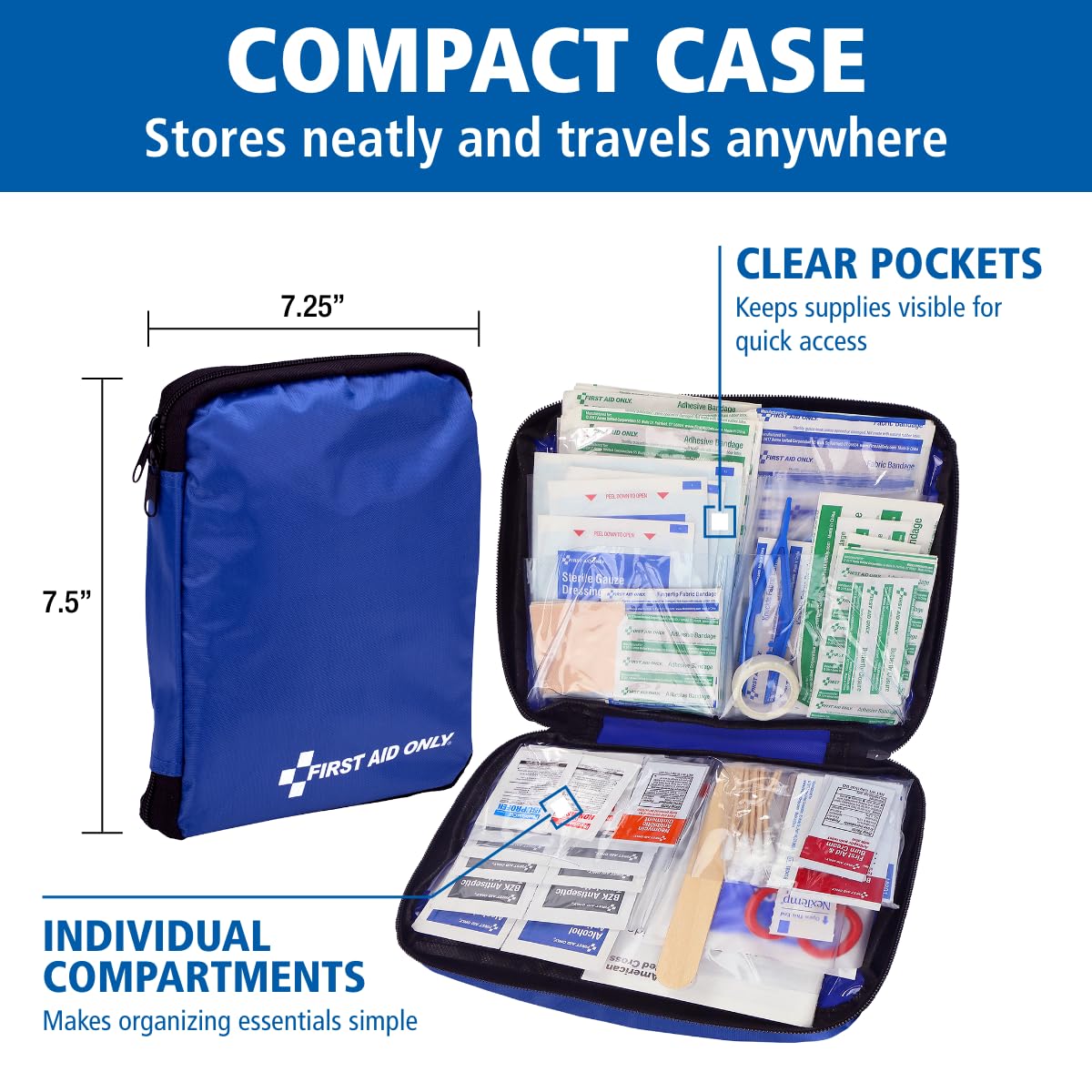 First Aid Only 298 Piece All-Purpose Emergency First Aid Kit for Home, Office, Car, Apartment, Dorm, and Camping, Travel-Friendly Compact Pouch Fits in Backpacks, Suitcases, Cabinets, and Drawers