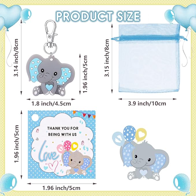 HozHoy 40 Sets Baby Shower Favors for Boys, Guests Gifts Including Elephant Keychains Decorations, Drawstring Bags, Thank You Cards