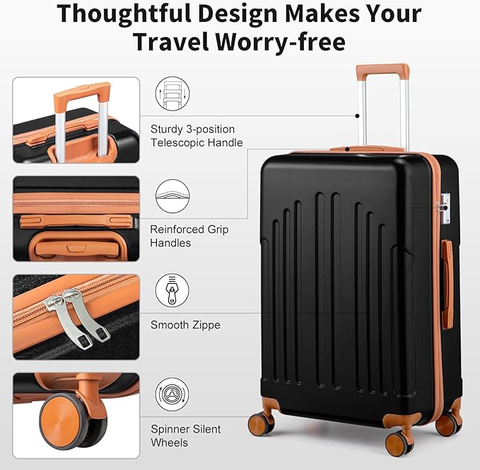 Karl home 24in Checked Luggage with TSA Lock, ABS Hardshell Check-in Suitcase with Spinner Wheels, Durable Medium Suitcase Rolling Luggage for Business Travel, Black & Brown