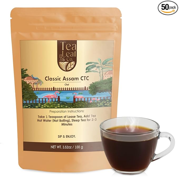 Tealeaf & Co. Classic Assam CTC Chai - 100% Pure Loose Leaf Black Tea - Low Caffeine Premium Tea - Upto 50 Servings (3.52oz/100gm)