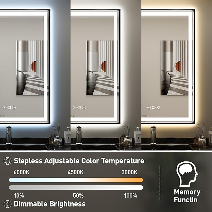 30X36 Inch Black Frame Led Mirror,Backlit and Front Bathroom Mirror with Lights,Wall Mounted Double LED Lighted Anti-Fog Mirror,Stepless 3 Colors Temperature & Dimmable (Horizontal/Vertical)