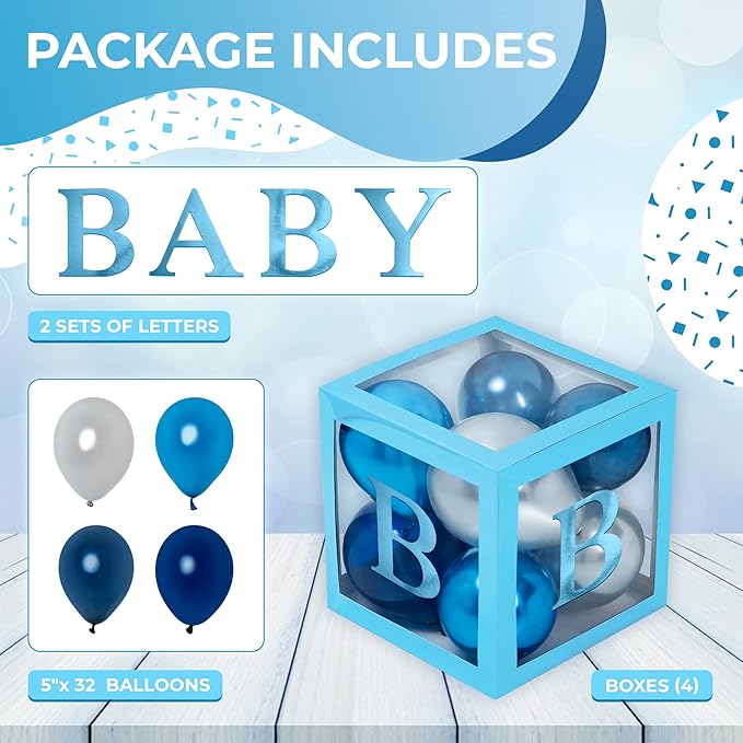 Baby Shower Boxes with Letters – Metallic Blue Boxes with Metallic Blue and Silver Balloons – 44-Piece Gender Reveal & Party Decoration Set by Vellax