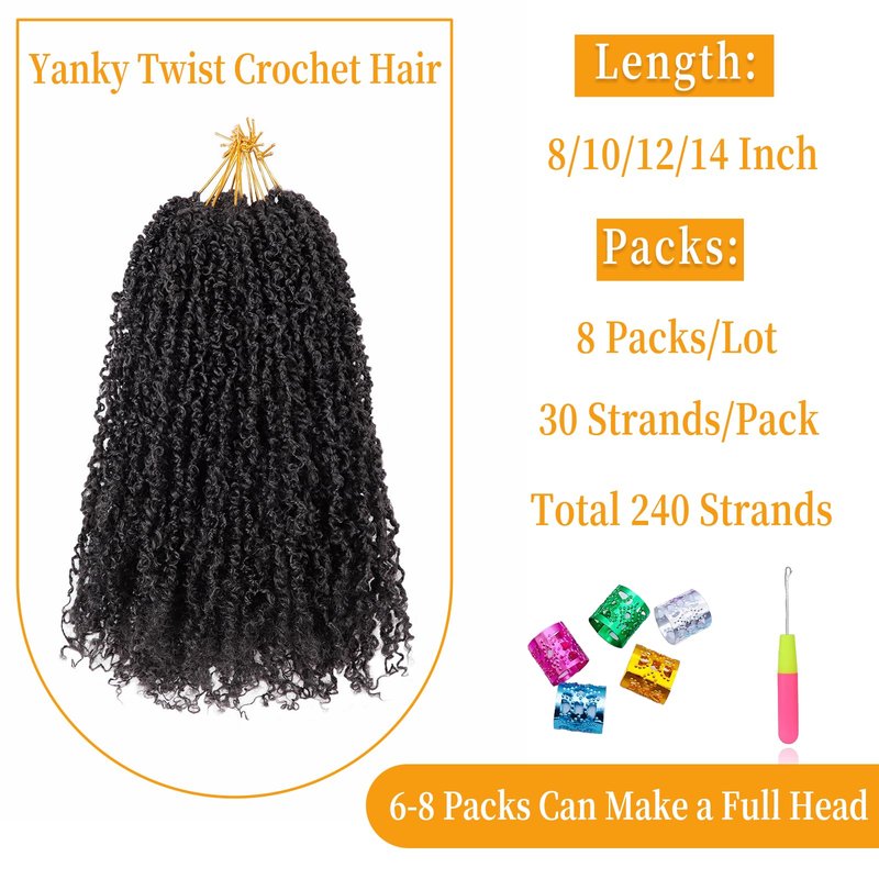 14 Inch Pre-Looped Yanky Twist Crochet Hair, 30 Strands/Pc, Mini Passion Twists, Senegalese Braiding Hair (Natural Black, 8 Pcs/Pack)