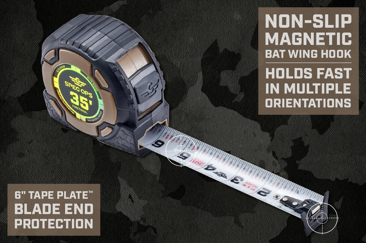 Spec Ops Tools Elite Series Tape Measure for Measuring & Layout, 1 1/4" Double-Sided Blade, Heavy Duty Military-Grade Composite Case, 35 Foot Magnetic + Fractional