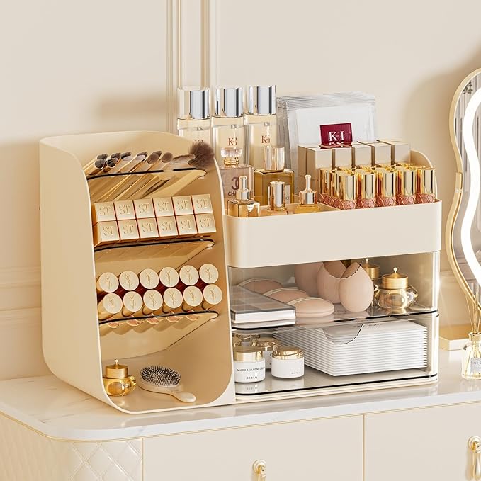 Makeup Organizer with Drawers,Large Capacity Countertop Organizer for Vanity,Bathroom and Bedroom Desk Cosmetics Organizer,Easy To Storage Skincare,Brushes, Eyeshadow,Lipstick (Cream, Large)
