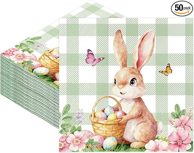 Easter Bunny Paper Napkins - 50Pcs Disposable Decorative Napkins for Easter Party, Spring Dinner, Bunny Themed Table Decorations