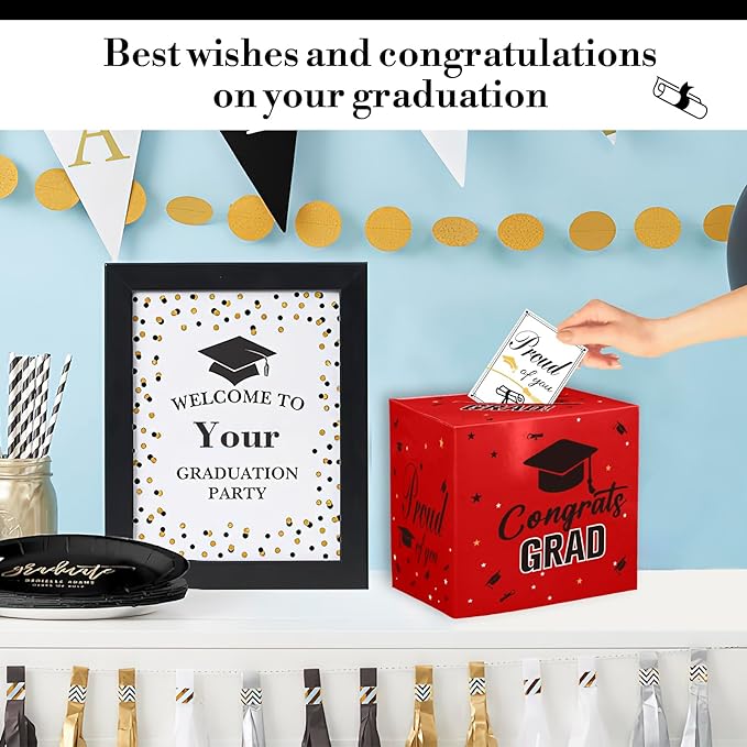 Graduation Card Box 2026 Graduation Party Decorations Red Black Graduation Card Box Holder for Graduation Party 2026 Congrats Grad Cards Gift Box Class of 2026 for Graduation Party Favors Supplies