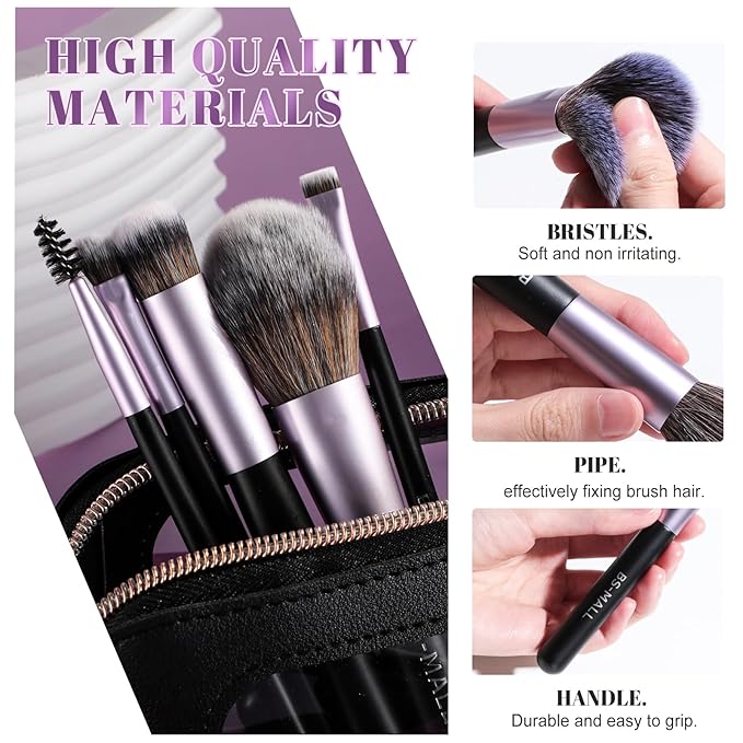 BS-MALL 14 Pcs Makeup Brushes Set with 1 Pcs Makeup Sponge – Essential Foundation Powder Concealers, Eye Shadows, Blush Makeup Brushes with Travel Makeup Case (Purple)