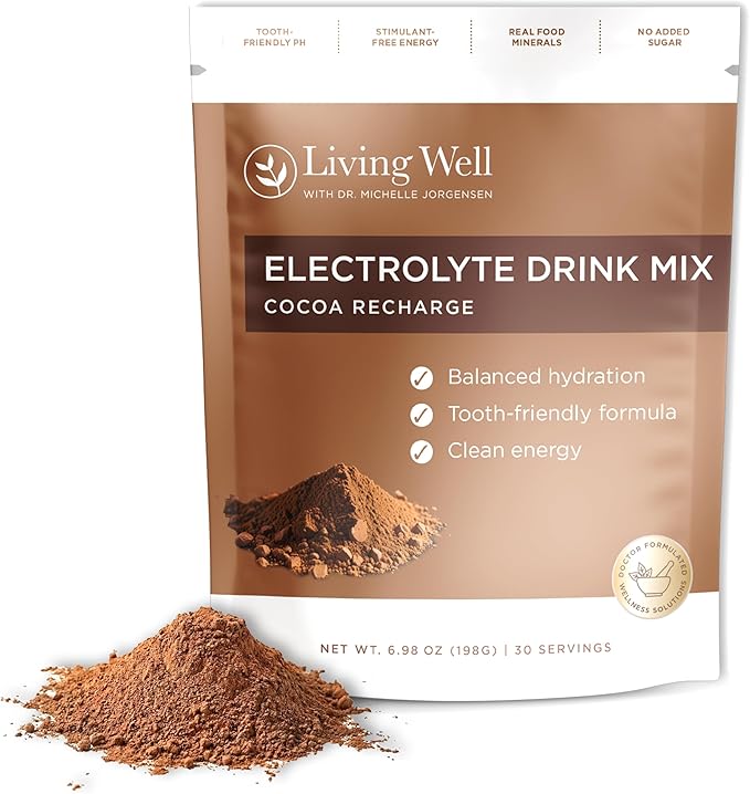 Living Well with Dr. Michelle Chocolate Electrolyte Powder – Caffeine-Free Electrolyte Drink Mix for Clean Hydration & Energy, Sugar-Free Cocoa Flavor