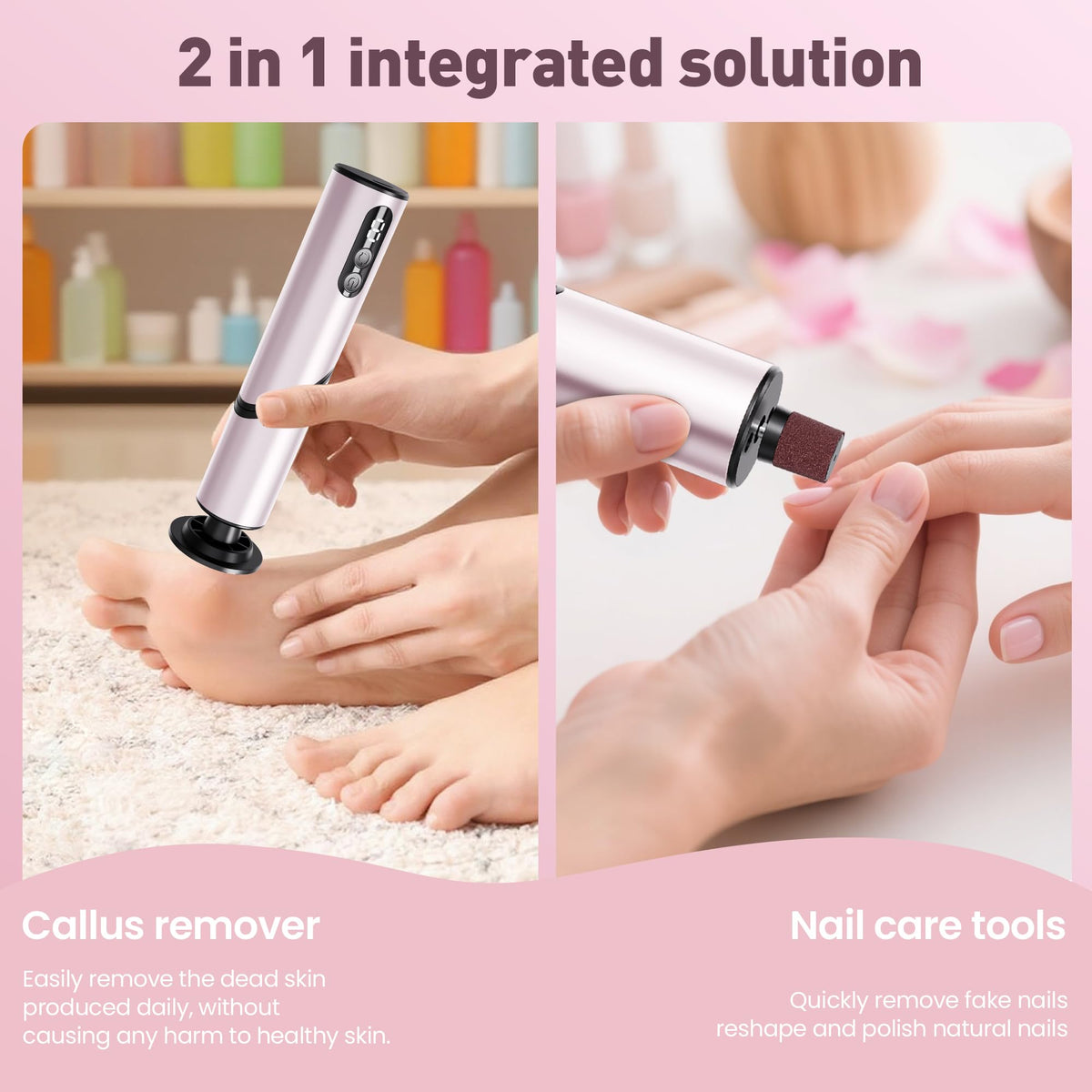 Electric Foot Callus Remover,2 in1 Rechargeable Callus Remover for Feet,9-Speed Cordless Electric Foot File Nail Grinder,Foot Scrubber Pedicure Tools for Dead Skin Dry Cracked Feet(Pink Fold)