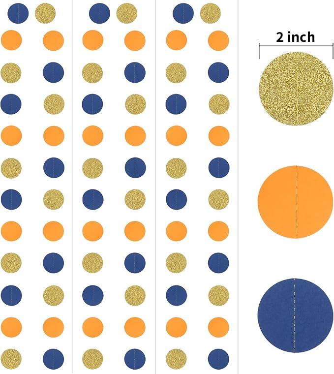 Circle String Decorations Paper Garlands Party Streamers, 30 Feet (Gold Glitter, Orange, Blue)