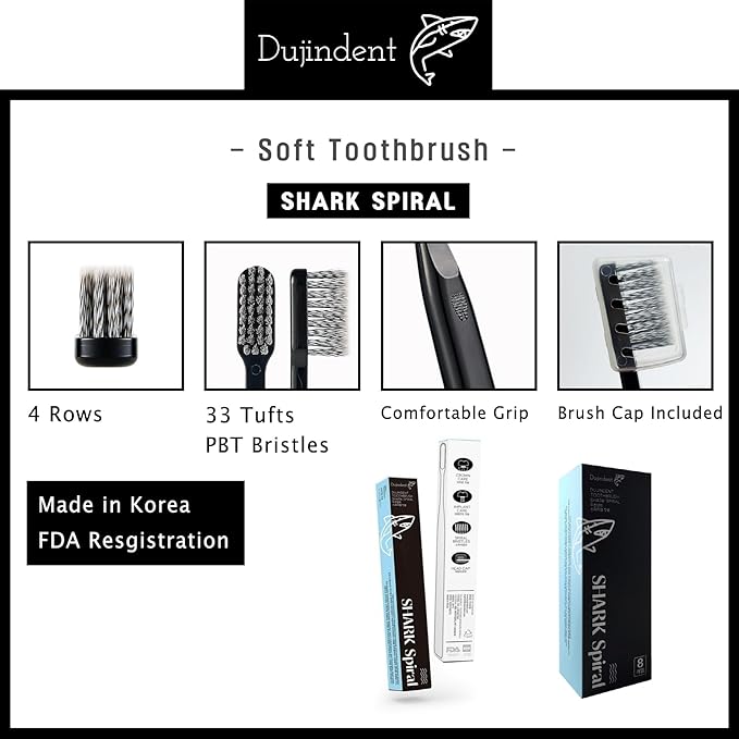 Toothbrush [Made in Korea] Shark Spiral Extra Soft Toothbrush for Plaque Removal, Gentle on Gums, Implant (3 Packs)