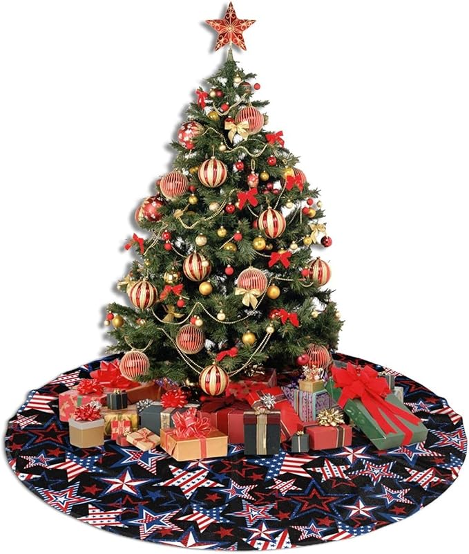 American Flag Patriotics Tree Skirt 4th of July Memorial Day Veterans Day Christmas Tree Skirt Xmas Tree Mat Christmas Tree Ornaments Decorations Holiday Party Indoor Outdoor 36"