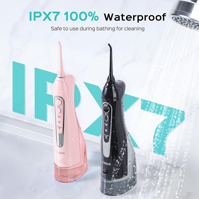 COSLUS 2 Pack Cordless Water Flosser with Elegant Packaging for Teeth, Braces, Gums Care - Easy to Use, Rechargeable, Waterproof, Portable for Travel, BPA-Free, Black & Pink, C20(F5020E)