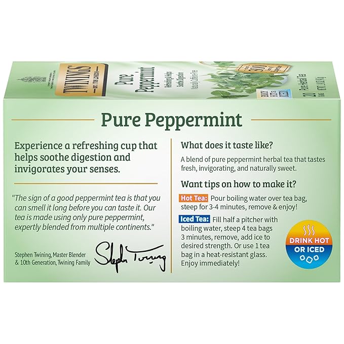 Twinings Pure Peppermint Herbal Tea Individually Wrapped Bags, 20 Count (Pack of 1), Fresh Minty Flavour, Naturally Caffeine-Free, Enjoy Hot or Iced, 20 Teabags