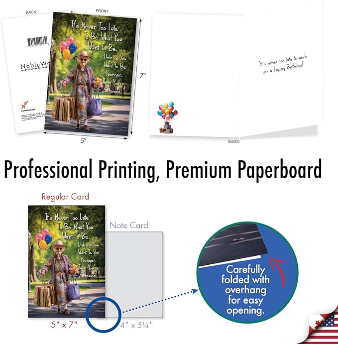 NobleWorks, Funny Birthday Paper Card with 5 x 7 Inch Envelope (1 Card) Bday Sister, Never Too Late Woman C10789BDG