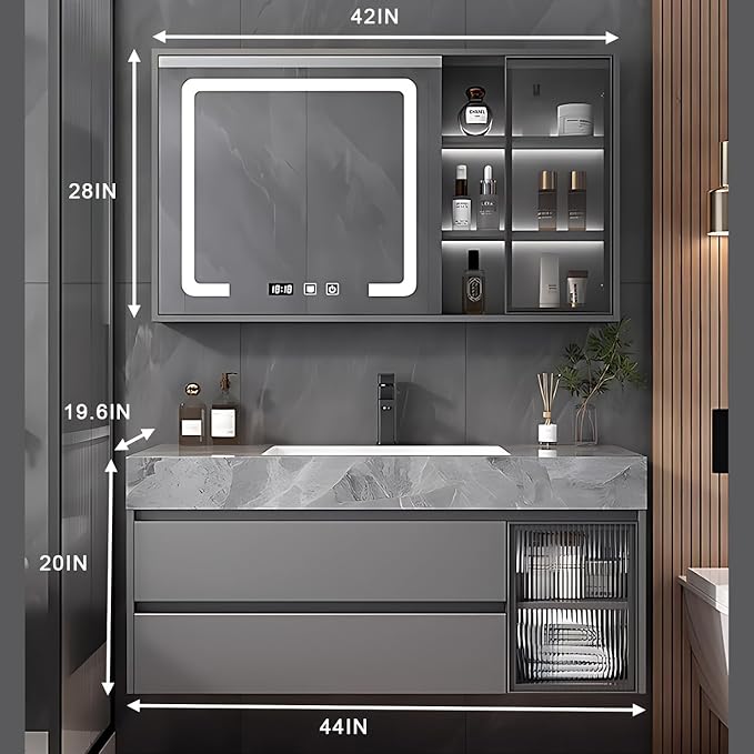 Gray 44IN Modern Bathroom Vanity - Wall-Mounted Bathroom Storage Cabinet & Bathroom Vanity with Sink, Bathroom Medicine Cabinet Wall Mounted, Defogging & Led Lighting | Bathroom Cabinet Slim