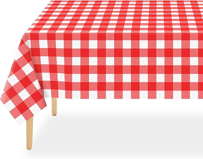 QIKSION Red Gingham Tablecloth Disposable 2 Pack, 54 x 108 Inch Red and White Checkered Table Cloth for Picnic, Outdoor BBQ Decorations, Birthday Party Supplies, Rectangle, Plastic Table Cover