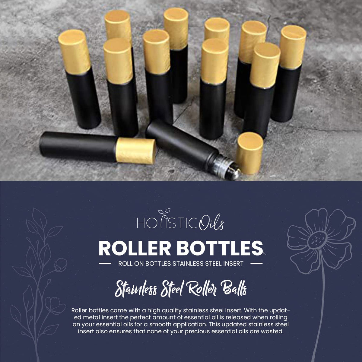Essential Oil Roller Bottles, Black 10ml Leakproof Rollers – Thick Black Glass with Brush Gold Lid, Updated Stainless Steel Roller Ball Insert for Oils, Aromatherapy – 12 Pack