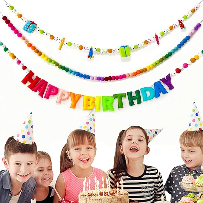 Colorful Wool Felt Ball Banner Garland, Handmade Rainbow Pom Pom Garland for Mantle, Wall, Table Centerpiece | Spring Decorations for Birthday, Christmas Home Kids Playroom Decor 6.56 Ft 60 Balls