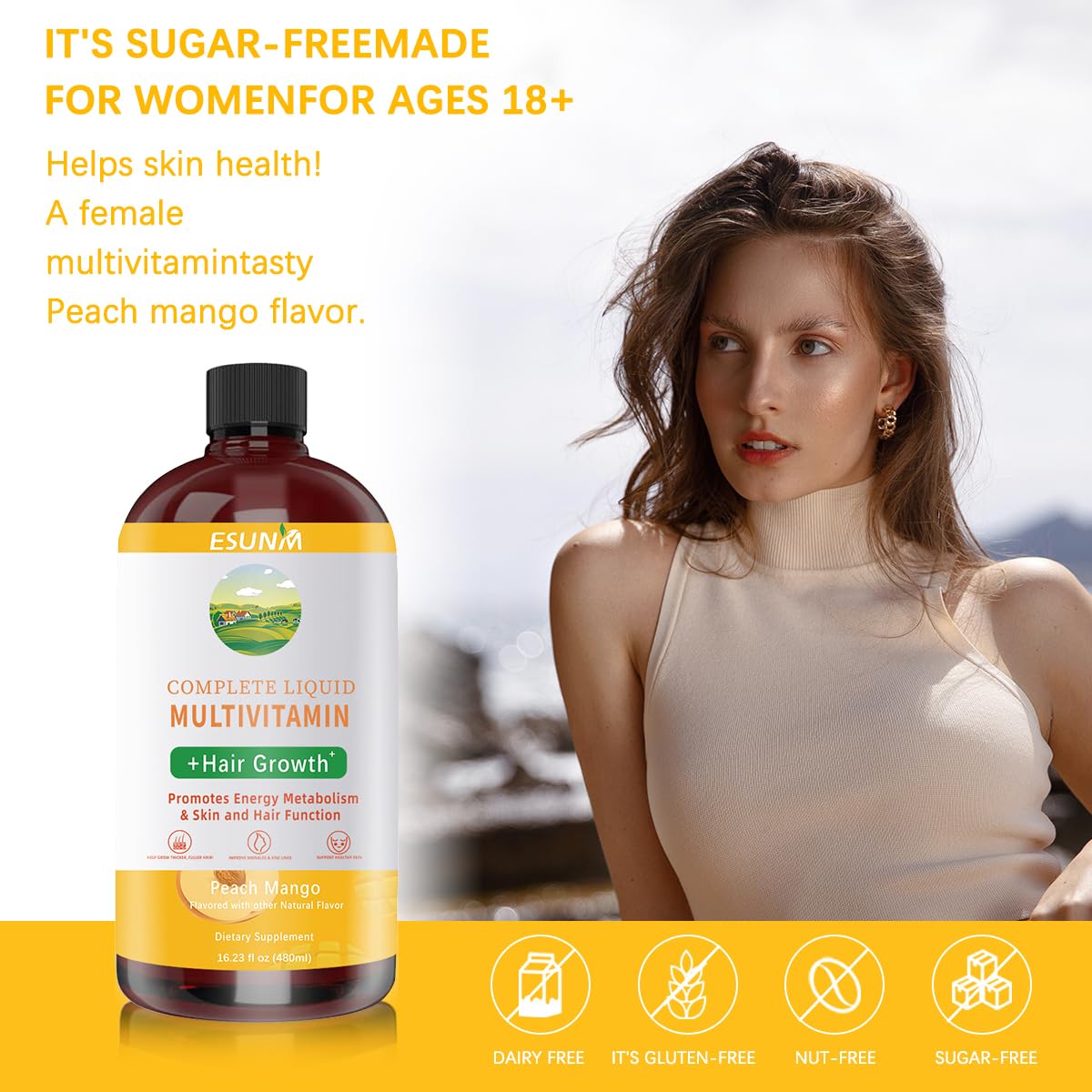 Complete Liquid Multivitamin + Hair Growth, Promotes Energy Metabolism& Skin and Hair Function| Vitamin C D | B Vitamins | Help to Thicker Hair, Wrinkles, Fine Lines, Skin Care (16.23OZ)