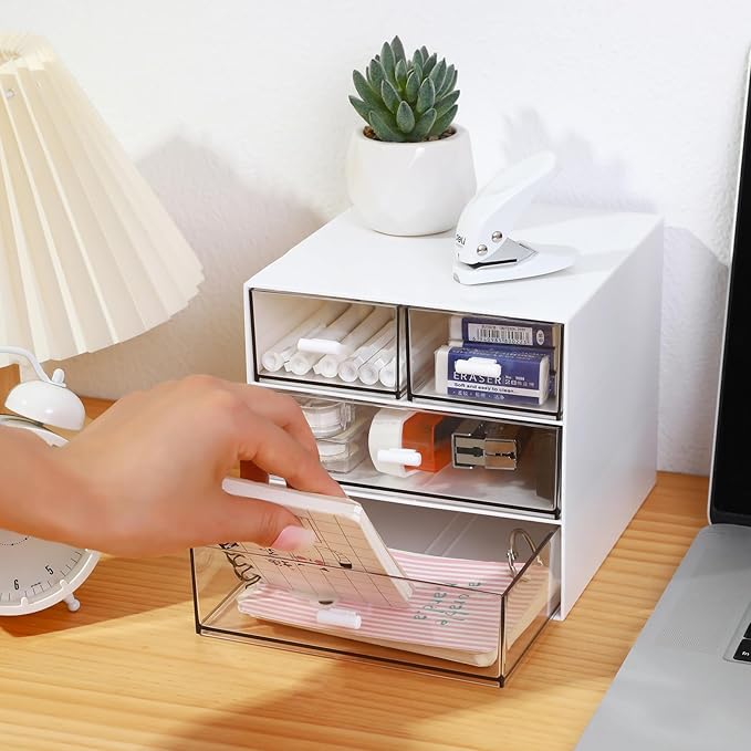 Makeup Organizer with 4 Drawers, Desk Organizer, Cosmetics Storage Box for nail polish, Lipstick, Brushes, Jewelry, Skincare, Bathroom Organization Boxes - White