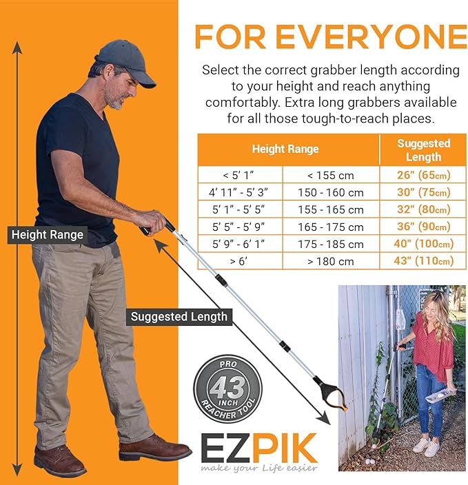 EZPIK Pro 43" Foldable Grabber Reacher Tool for Seniors - Grabbers for Elderly Reaching Tool Heavy Duty Pickup Trash Picker Upper Equipment - Claw Grabber Stick for Reaching Aids, Weed Gripper 2-Pack