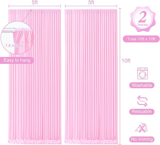 10 x 10ft Baby Pink Backdrop Curtains with Lights String for Girls Birthday Photo Backdrop Drapes Wrinkle Free Polyester Curtain Backdrop for Parties Wedding Reception Baby Shower Ceremony-5 x 10ft 2P