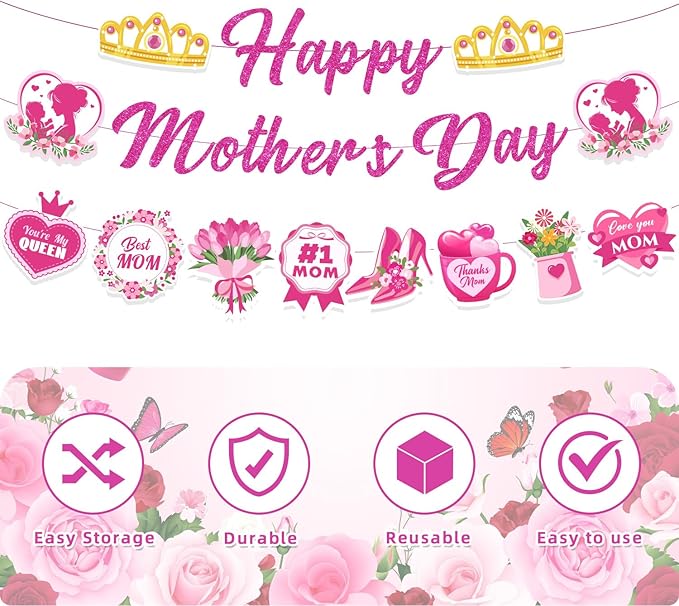 Mother's Day Decorations Set - Pink Glitter Happy Mother's Day Banner, Print Garland, Hanging Swirls, Honeycomb Centerpieces - Best Mom Ever Party Supplies