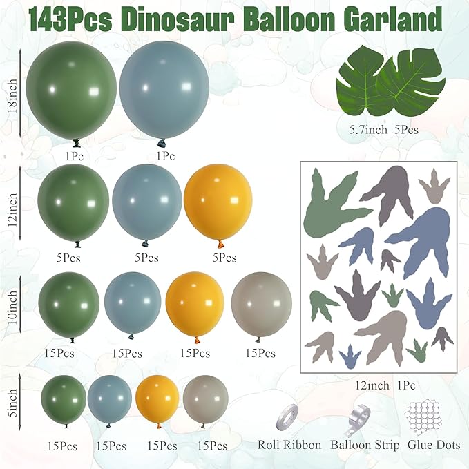 Dinosaur Balloon Arch Kit, 144pcs Dusty Blue, Sage Green & Yellow Latex Balloons with Footprint Stickers, Monstera Leaves for Boy's Three Rex Birthday, Baby Shower