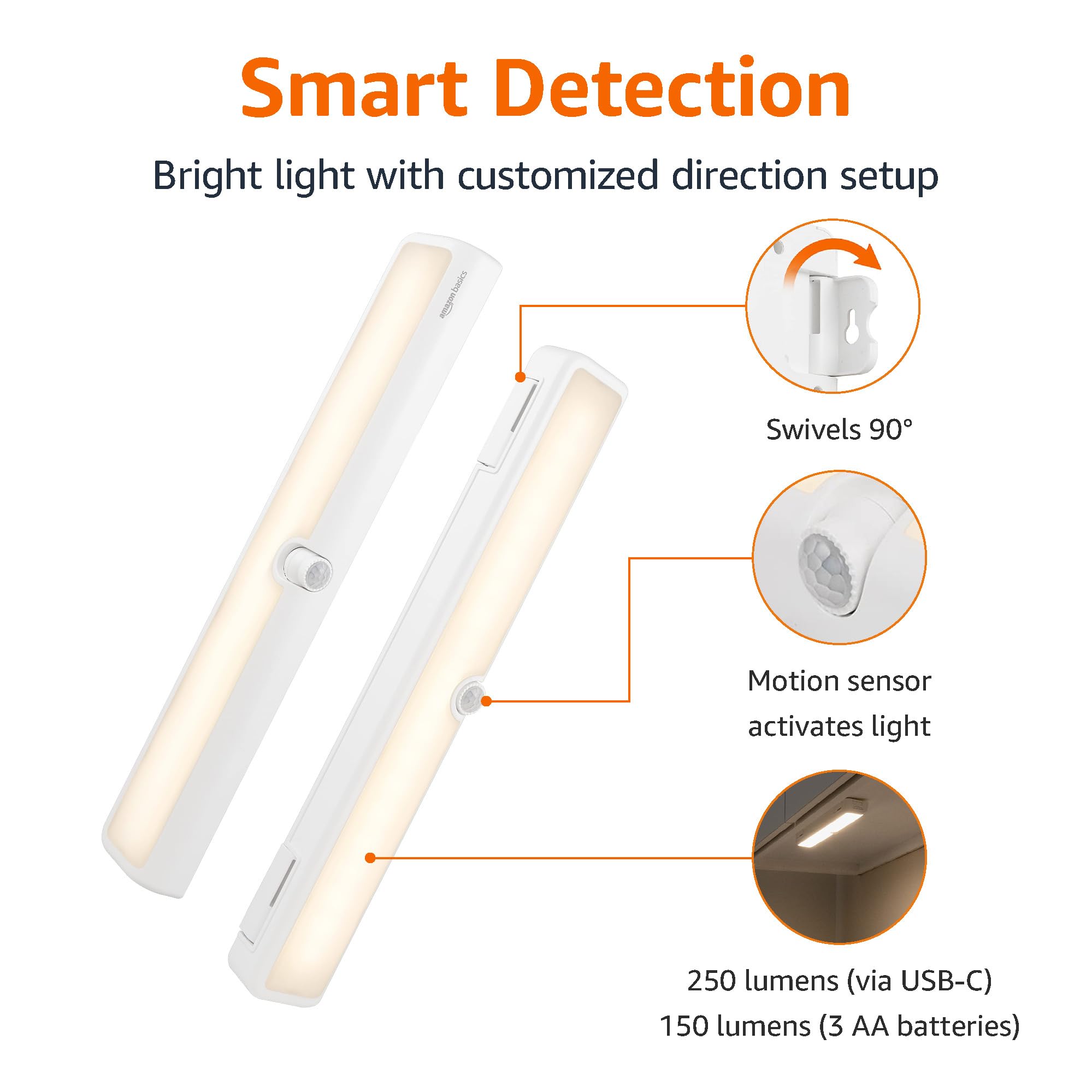 Amazon Basics LED Motion Sensor Light Bar, USB/Battery Operated, 250 Lumens, 12 Inches, Swivel, Under Cabinet Lighting for Closet, Kitchen, 2-Pack, White