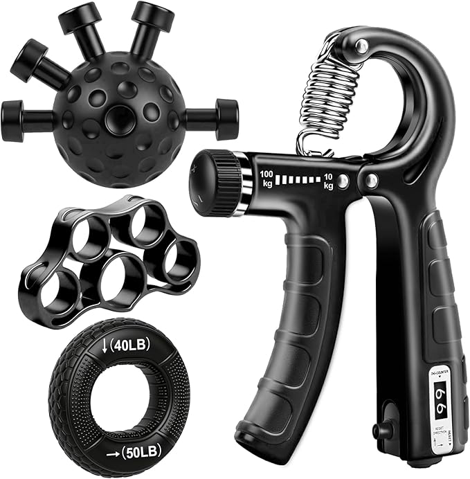 Grip Strength Trainer Kit, Adjustable Forearm Strengthener, Hand Grip Strengthener Balls, Finger Exerciser & Stretcher for Strength Training, Recovery & Flexibility