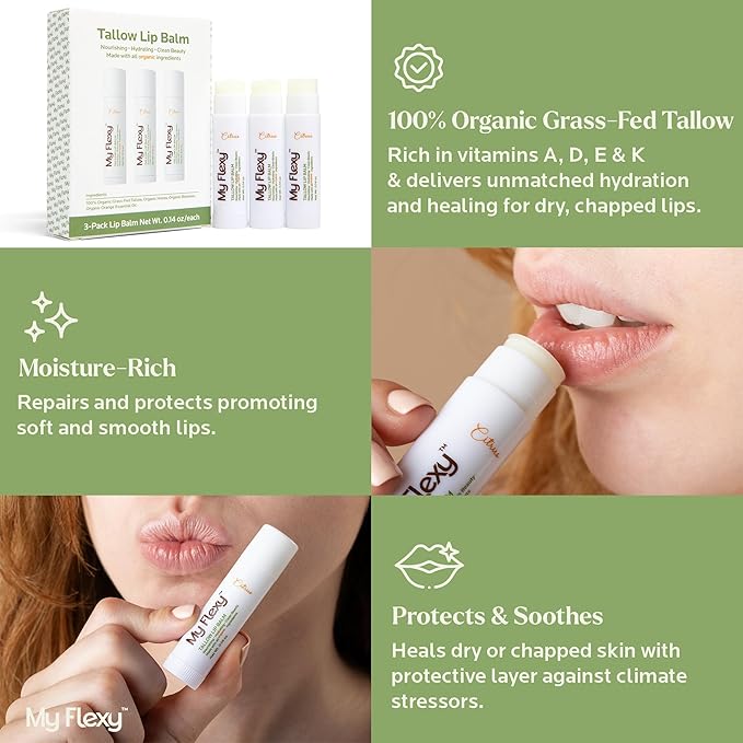 100% Organic Lip Balm Hydrating, Grass-Fed Beef Tallow Lip Balm, Made with Pasture Raised Tallow, Honey, Beeswax, & Orange Essential Oil, Lip Balms & Moisturizers - Bulk Pack of 3